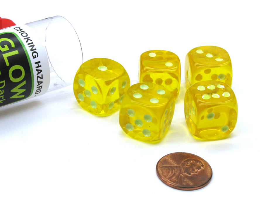 Set of 5 16mm D6 Glow In the Dark Spots Dice in Tube - Yellow