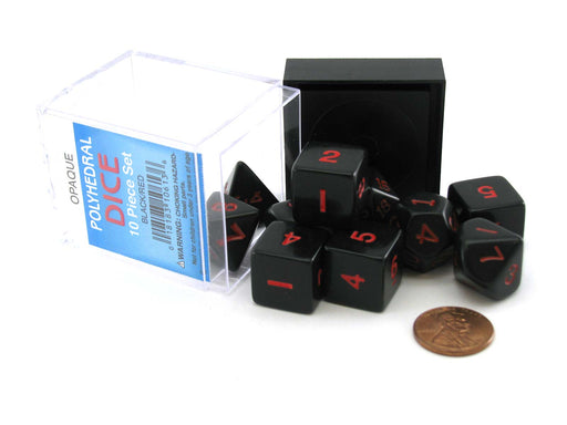 Polyhedral 10-Die Opaque Dice Set in Case - Black with Red Numbers