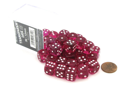 Case of 36 Deluxe Transparent Small 12mm Round Edge Dice - Magenta with White