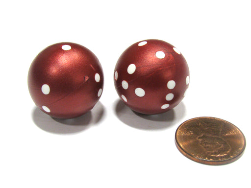 Set of 2 22mm Round Dice, Weighted to Display Number - Burgundy with White Pips
