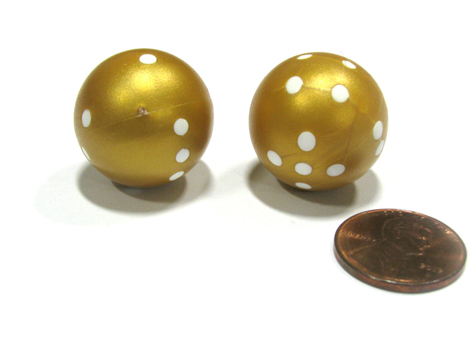 Set of 2 22mm Round Dice, Weighted to Display Number - Gold with White Pips