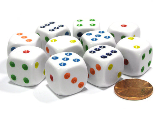 Set of 10 Six Sided Round Edge Opaque 16mm D6 Dice - White with Multicolor Pip
