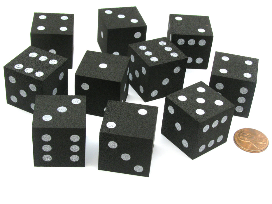 Set of 10 D6 Large 25mm Foam Dice - Black with White Spots