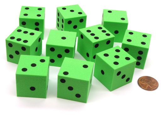 Set of 10 D6 Large 25mm Foam Dice - Green with Black Spots