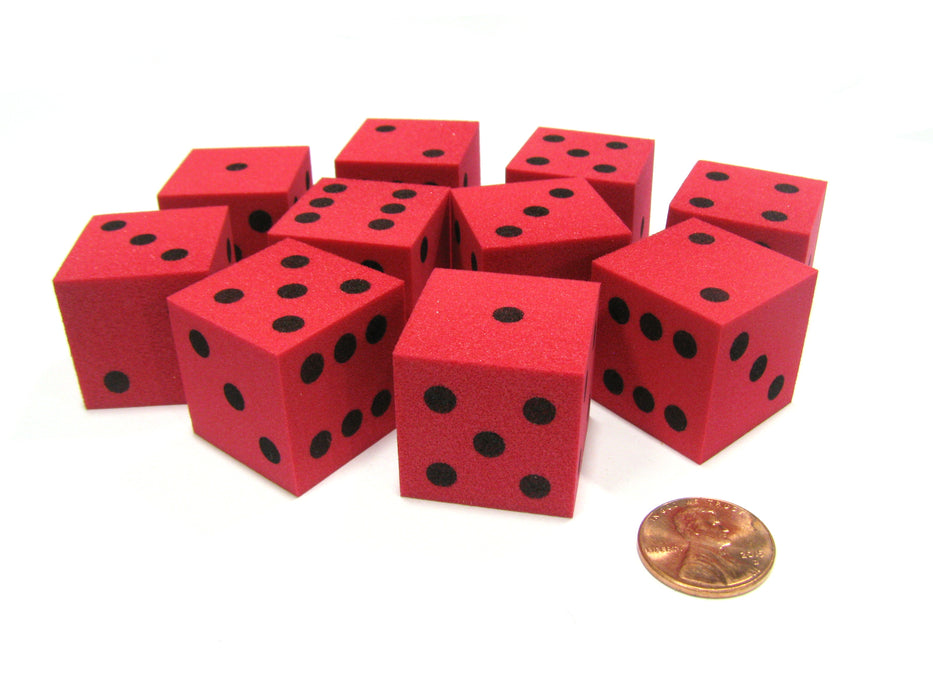 Set of 10 D6 Large 25mm Foam Dice - Red with Black Spots
