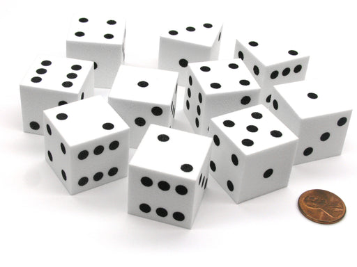 Set of 10 D6 Large 25mm Foam Dice - White with Black Spots