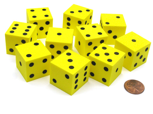Set of 10 D6 Large 25mm Foam Dice - Yellow with Black Spots