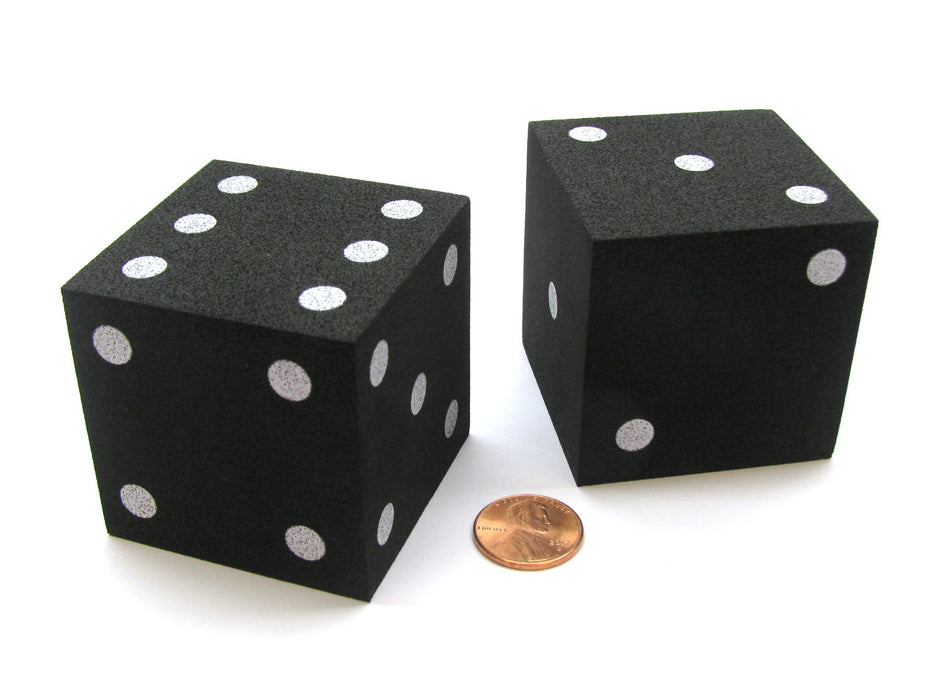 Pack of 2 Jumbo Large 50mm (2 Inches) Foam Dice - Black with White Pips