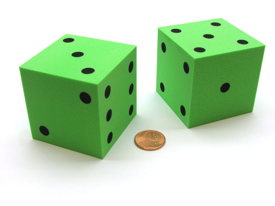 Pack of 2 Jumbo Large 50mm (2 Inches) Foam Dice - Green with Black Pips