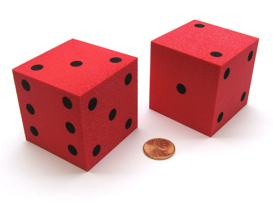 Pack of 2 Jumbo Large 50mm (2 Inches) Foam Dice - Red with Black Pips