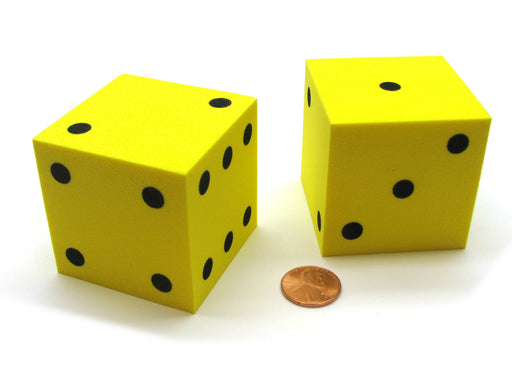 Pack of 2 Jumbo Large 50mm (2 Inches) Foam Dice - Yellow with Black Pips