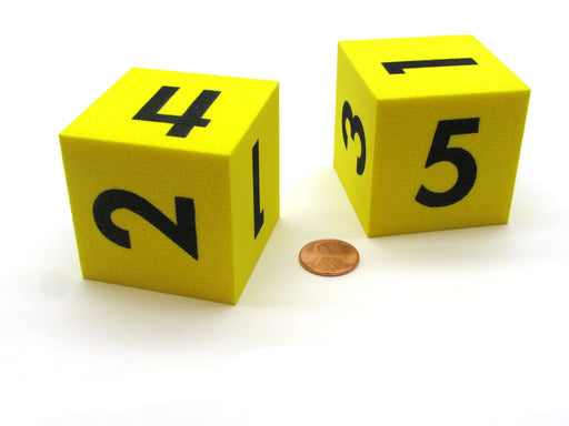 Pack of 2 Large 50mm Foam Numbered 1 to 6 Math Dice Blocks - Yellow with Black