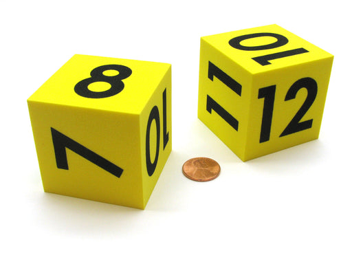 Pack of 2 Large 50mm Foam Numbered 7 to 12 Math Dice Blocks - Yellow with Black