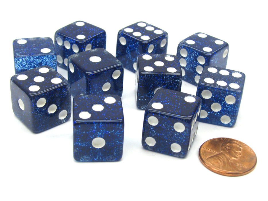 Set of 10 D6 16mm Glitter Dice - Blue with White Pips
