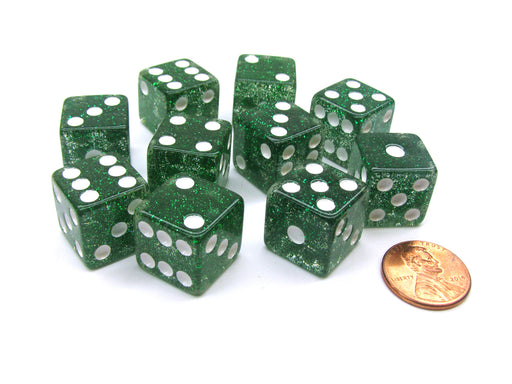 Set of 10 D6 16mm Glitter Dice - Green with White Pips