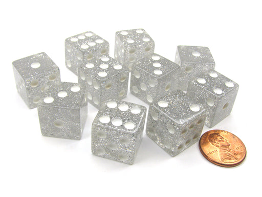 Set of 10 D6 16mm Glitter Dice - Clear/White with White Pips