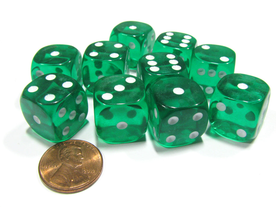 Set of 10 D6 16mm Round Corner Transparent Dice - Green with White Pips