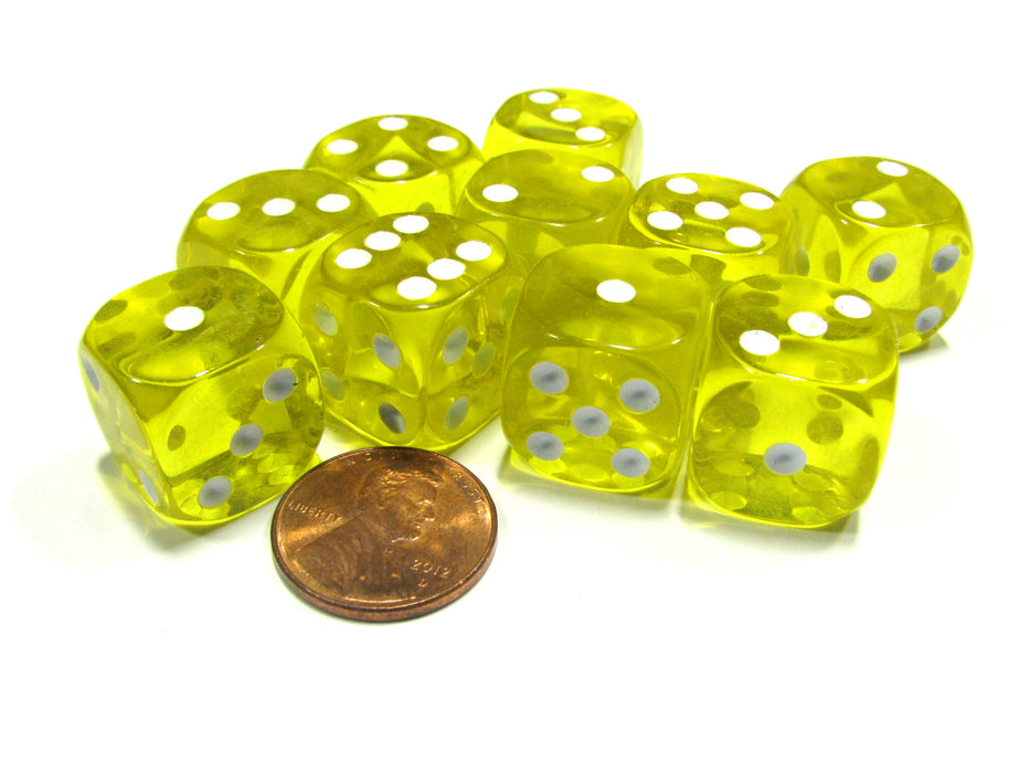 Set of 10 D6 16mm Round Corner Transparent Dice - Yellow with White Pips