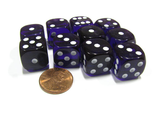 Set of 10 D6 16mm Round Corner Transparent Dice - Purple with White Pips