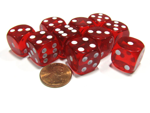 Set of 10 D6 16mm Round Corner Transparent Dice - Red with White Pips