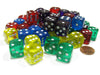 Set of 50 D6 16mm Rounded Transparent Dice- 10 of Blue Green Yellow Purple Red