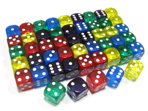 Set of 50 D6 16mm Rounded Transparent Dice- 10 of Blue Green Yellow Purple Red