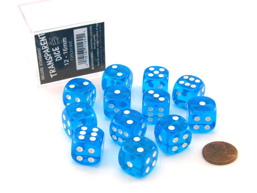 Case of 12 Deluxe Transparent 16mm Round Edge Dice - Turquoise with White Pips