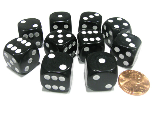 Set of 10 Six Sided Round Corner Opaque 16mm D6 Dice - Black with White Pip