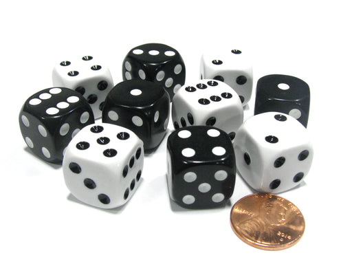 Set of 10 Inverse D6 Round Corner 16mm Dice - 5 Each of Black and White