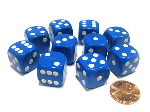 Set of 10 Six Sided Round Corner Opaque 16mm D6 Dice - Blue with White Pips