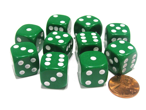 Set of 10 Six Sided Round Corner Opaque 16mm D6 Dice - Green with White Pips