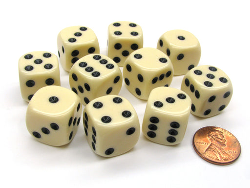 Set of 10 D6 16mm Rounded Corner Opaque Dice - Ivory with Black Pips