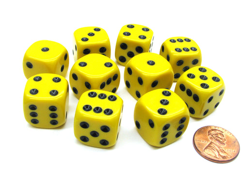 Set of 10 D6 16mm Rounded Corner Opaque Dice - Yellow with Black Pips