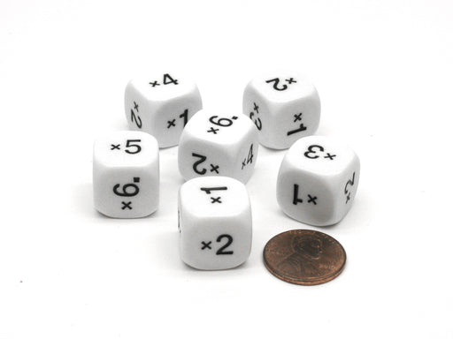 Pack of 6 16mm Numbered Multiplication Dice (x1 to x6) - White with Black
