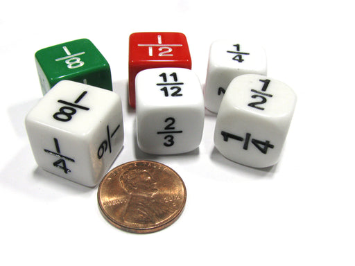 Set of 6 D6 16mm Educational Math Fraction Dice - 1 Red 1 Green and 4 White Dice