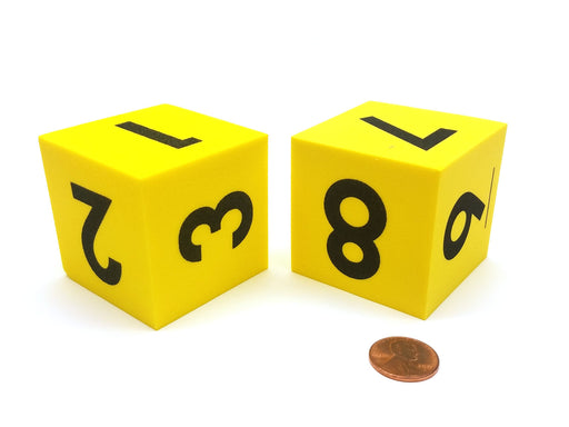 Pack of 2 Large 50mm D6 Foam Math Dice, Numbered 1 to 6 & 7 to 12 - Yellow