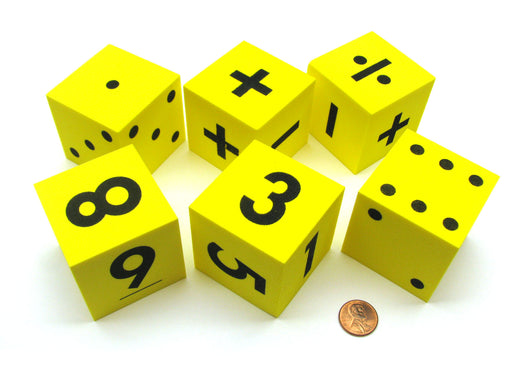 Pack of 6 Yellow 50mm Foam Math Dice - Assorted Function, Spotted, and Numbered