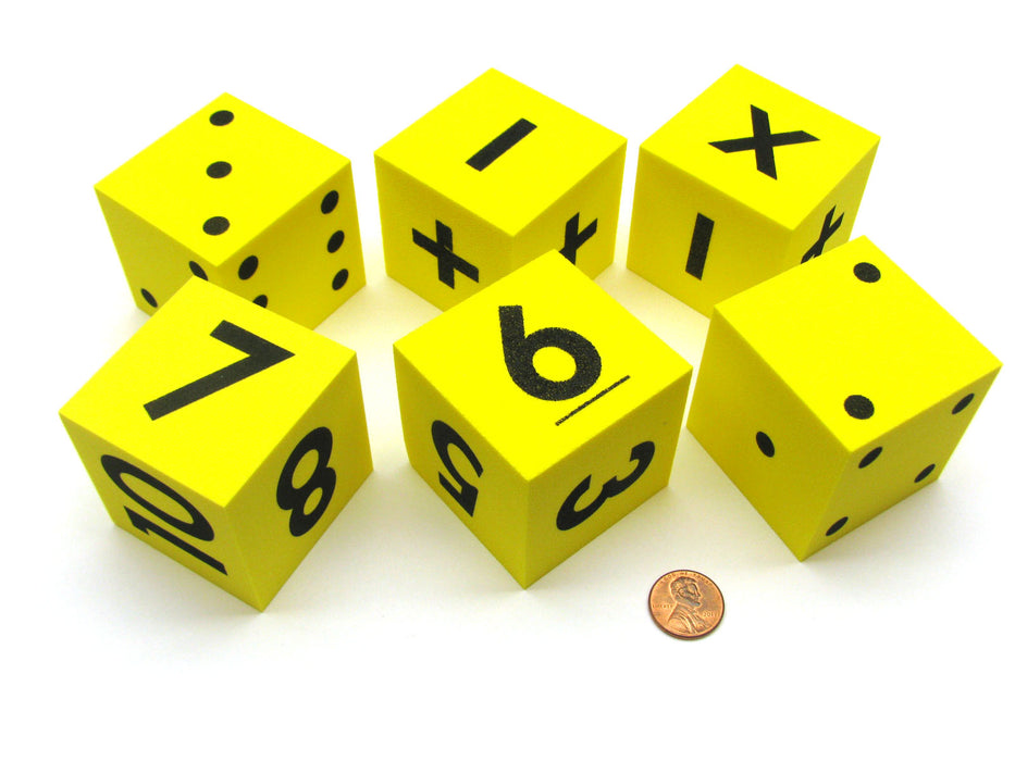 Pack of 6 Yellow 50mm Foam Math Dice - Assorted Function, Spotted, and Numbered