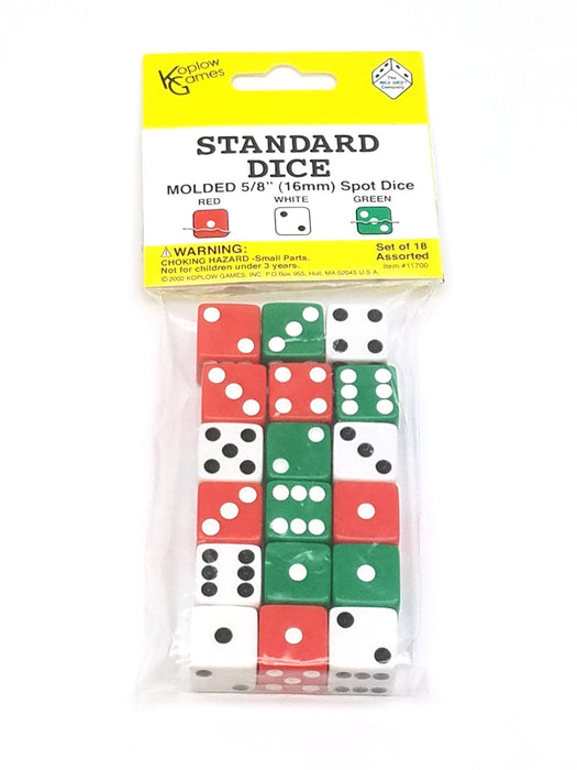 Set of 18 Six Sided 16mm D6 Standard 5/8" Dice - 6 Each of Red White and Green