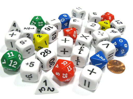 31 Piece Math Classroom Dice Set - Add Subtract Multiply Divide Whole Fractions