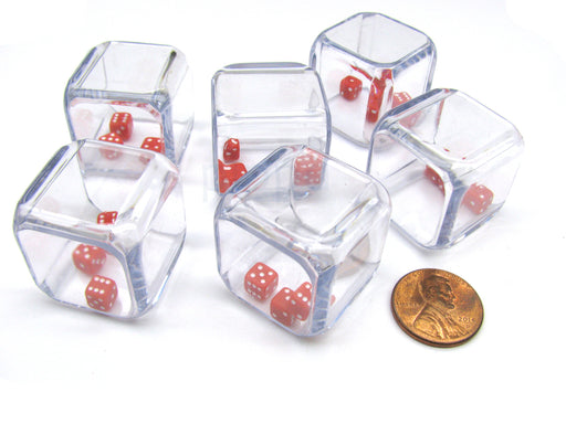 Pack of 6 '3 In a Cube' Dice - Three 5mm Red Tiny Dice Inside 25mm Clear Cube