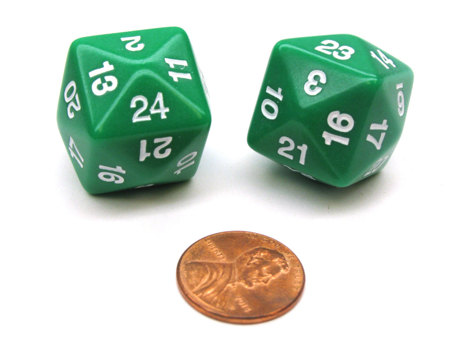 Set of 2 D24 Opaque 24mm 24-Sided Gaming Dice - Green with White Numbers