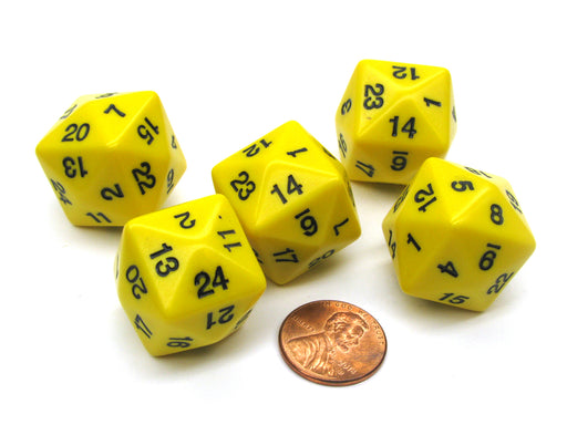 Set of 5 D24 Opaque 24mm 24-Sided Gaming Dice - Yellow with Black Numbers