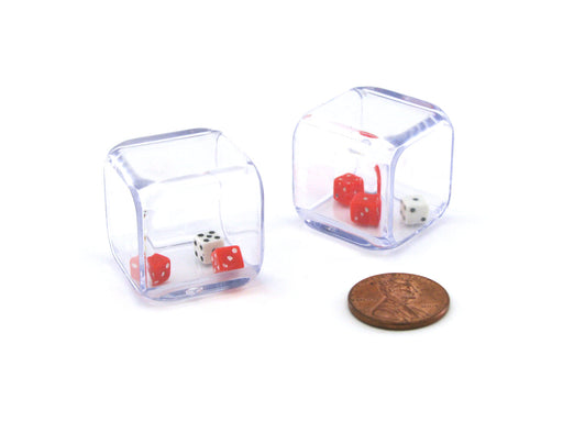 Pack of 2 '3 In a Cube' Dice - 2 x 5mm Red + 1 x 5mm White Dice Inside 25mm Cube
