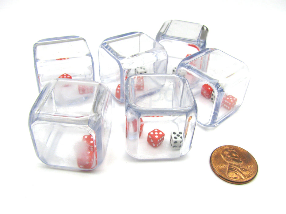 Pack of 6 '3 In a Cube' Dice - 2 x 5mm Red + 1 x 5mm White Dice Inside 25mm Cube