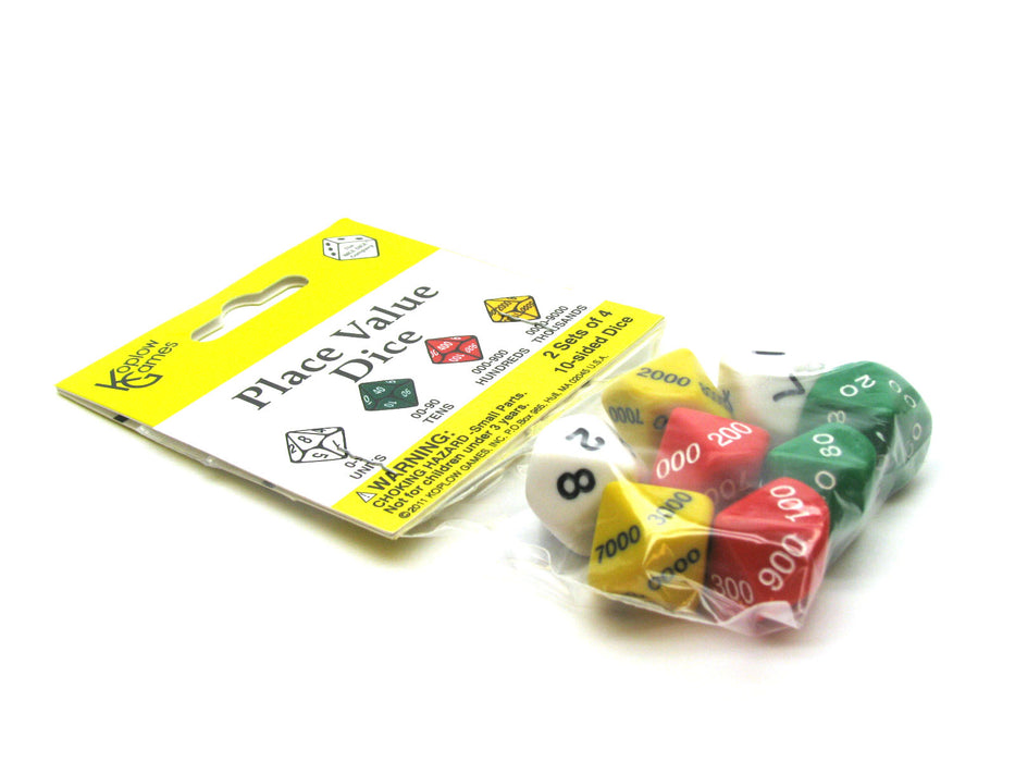 Place Value Dice 2 Sets (8 Pieces): Ones, Tens, Hundreds, and Thousands