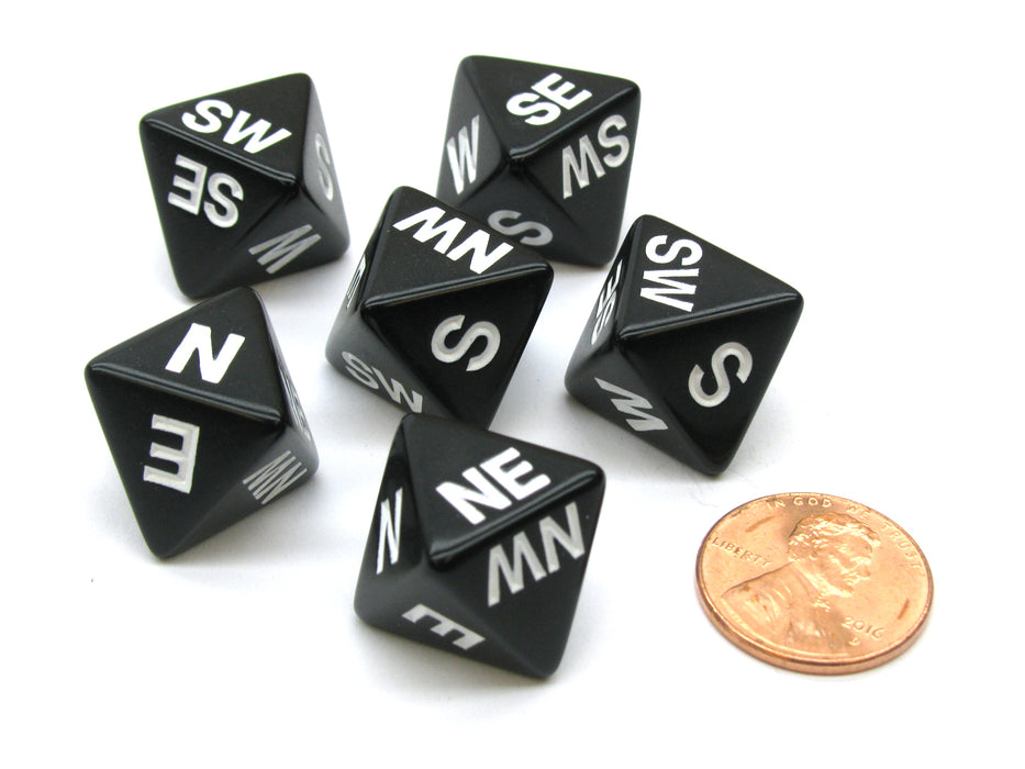 Set of 6 Compass Cardinal Direction 8 Sided Dice - Black with White Letters