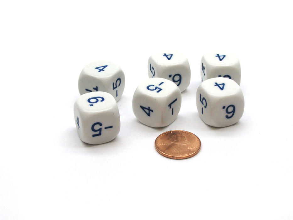 Pack of 6 16mm Round Opaque Negative Odd Numbers Dice - White with Blue Numbers