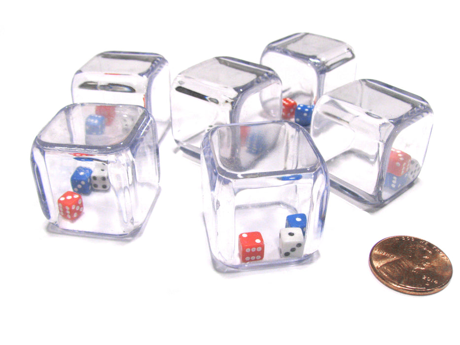 Set of 6 '3 In a Cube' Dice - 5mm Red White and Blue Tiny Dice Inside 25mm Cube