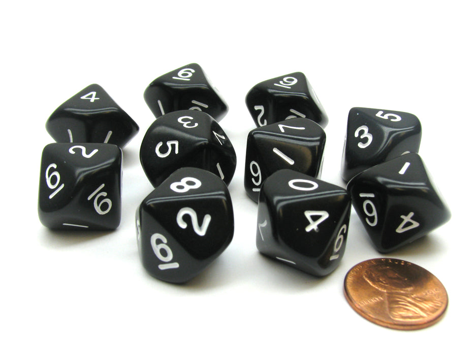 Set of 10 D10 10-Sided 16mm Opaque Dice - Black with White Numbers